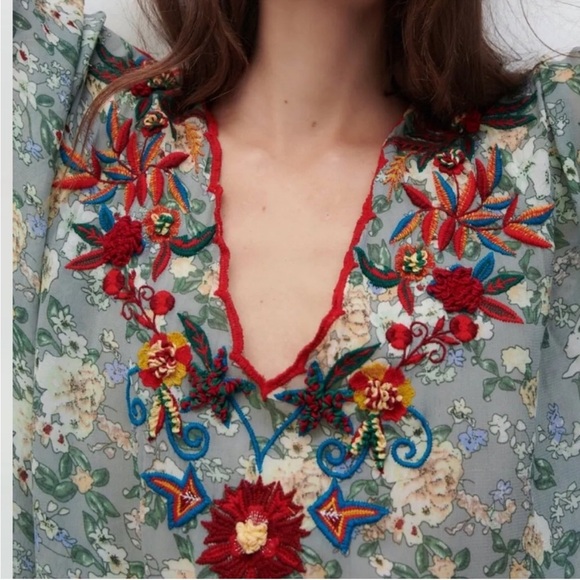 Zara Embroidered Midi  Tunic Dress with V-neck Size S Spring Summer - Picture 3 of 16